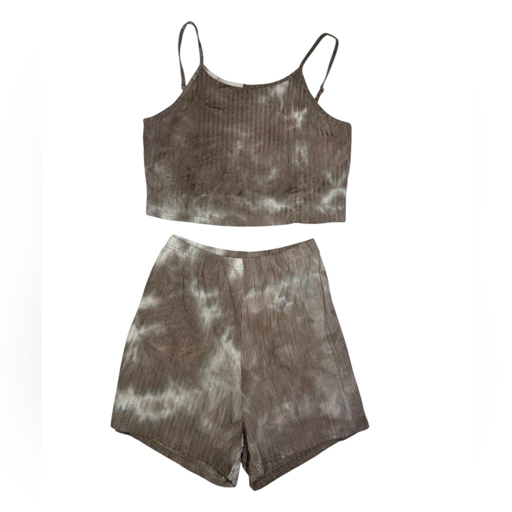 Brown & White Tie-Dye Ribbed‎ Lounge Set – Crop Top & Shorts – Size S
